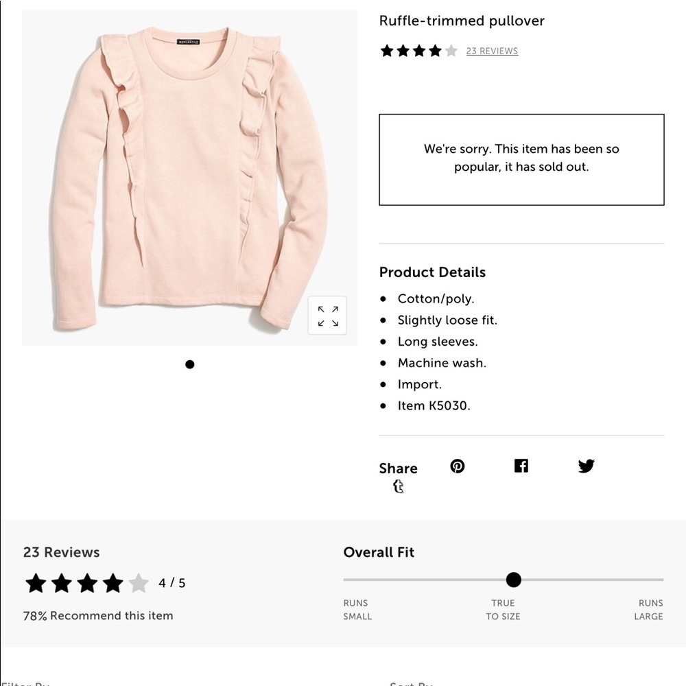 NWT Pink ruffle trim pullover- J.Crew Mercantile